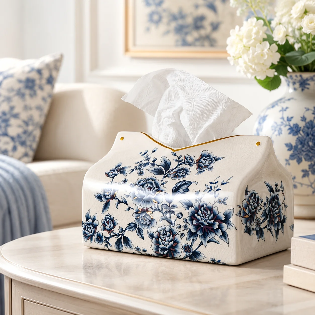 Vintage Blue Floral Ceramic Tissue Box Cover Porcelain Napkin Holder with Gold Trim Crackle Glaze Decorative Home Table Decor