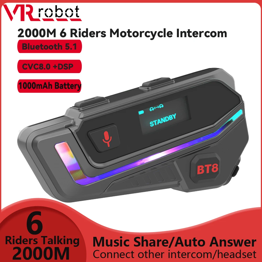 

VR Robot Motorcycle Intercom Bluetooth 5.1 Helmet Headset CVC 8.0 Wireless Handsfree Headphones 6 Riders Motorbike Communication