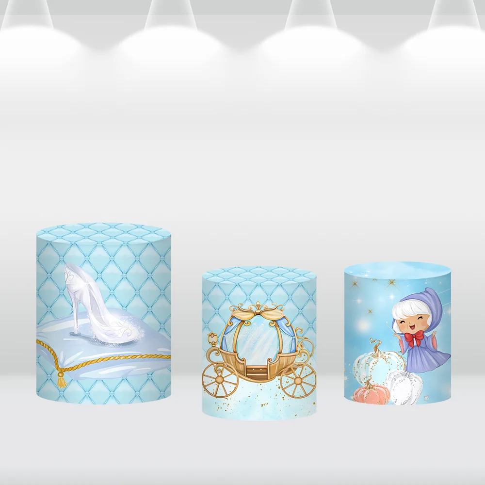 Disney Little Cinderella Birthday Round Backdrop Cover Blue Castle Newborn Baby Shower Party Background Princess Table Banner