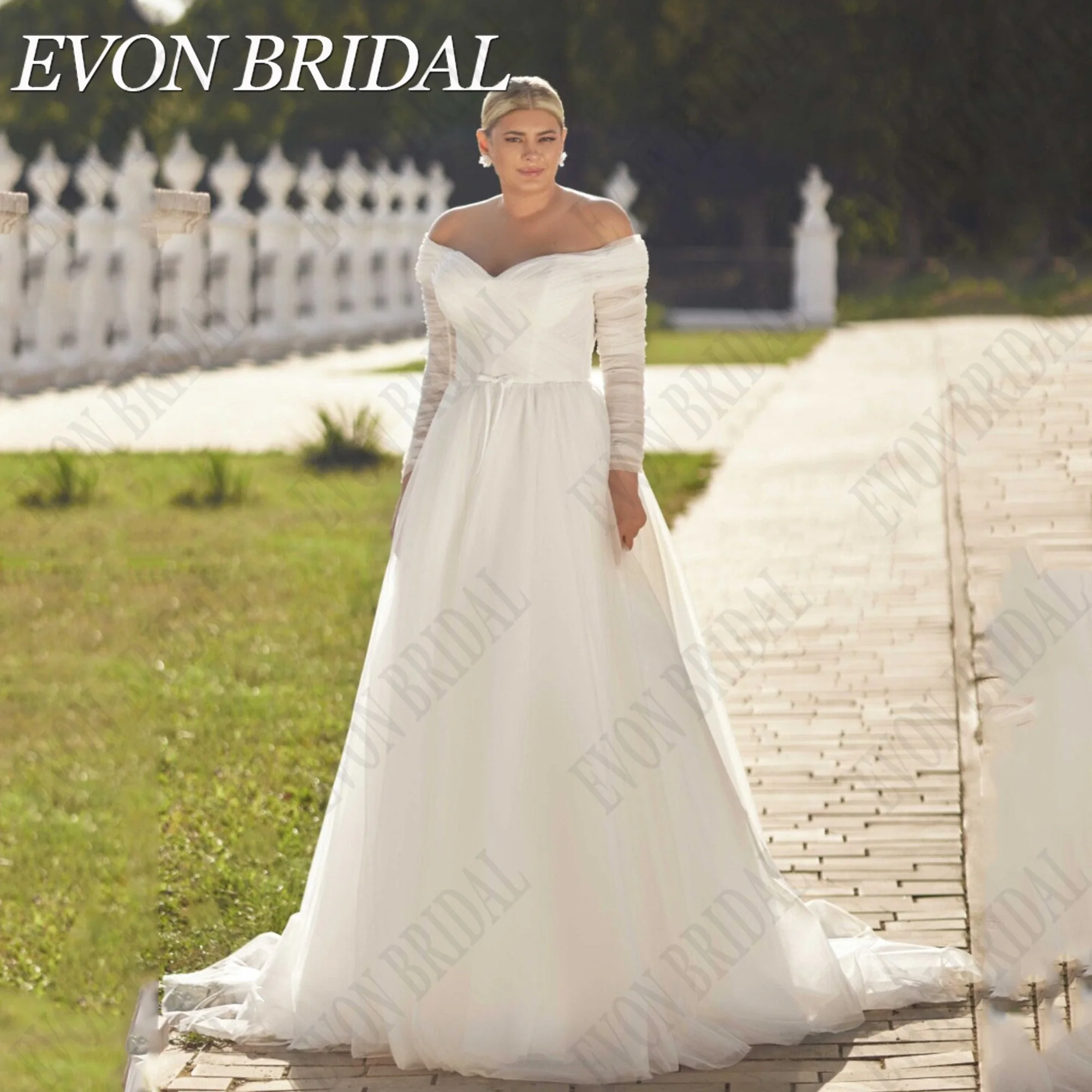 EVON-vestido de novia con hombros descubiertos, traje de novia de talla grande, manga larga, tul, hecho a medida, 2024Evon Bridal hombros expuestos