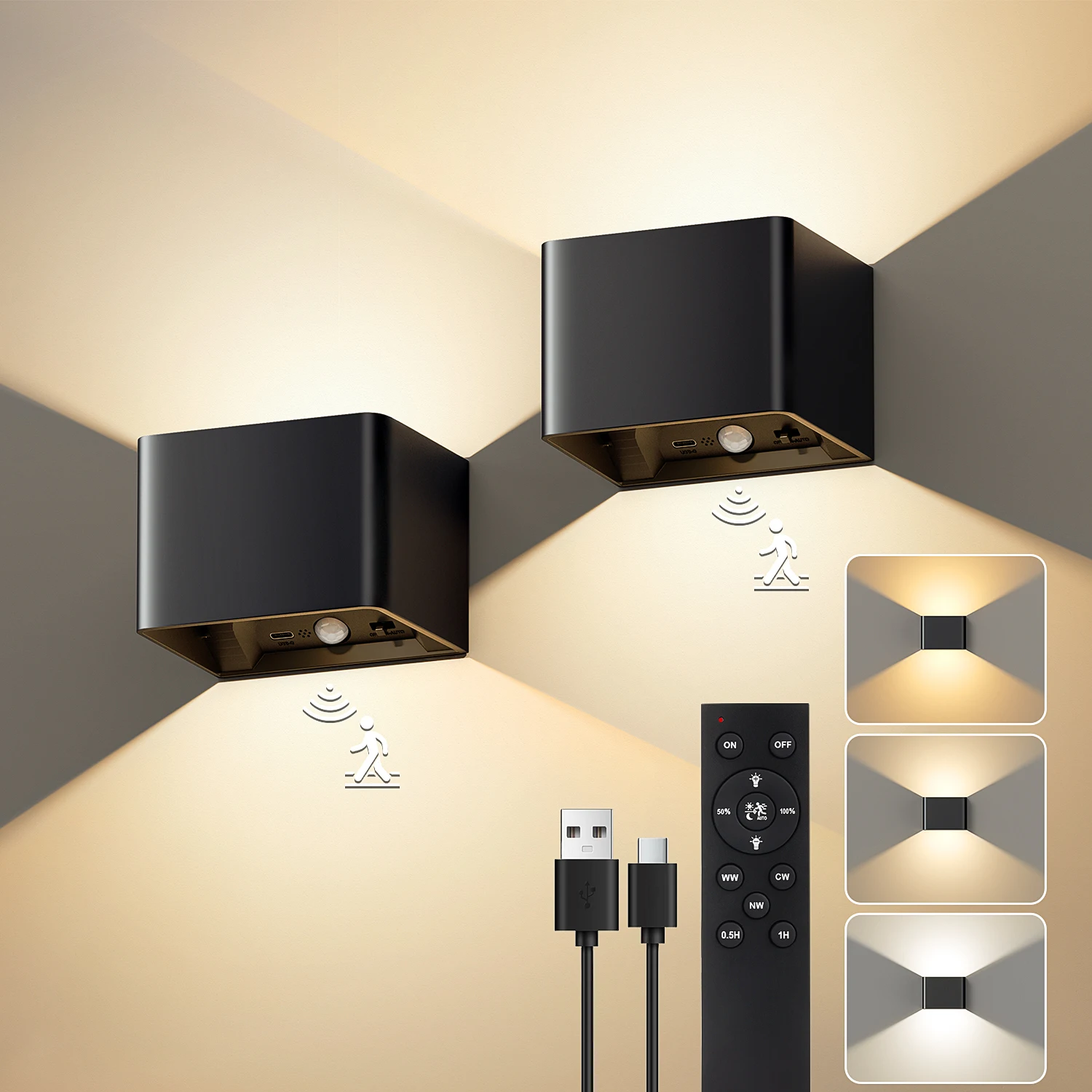 Lureshine 2 stuks oplaadbare wandlamp met bewegingsmelder, oplaadbare batterij, mAh wandlamp, LED binnenwandlamp, draadloze afstandsbediening, dimbaar licht, 3 kleuren