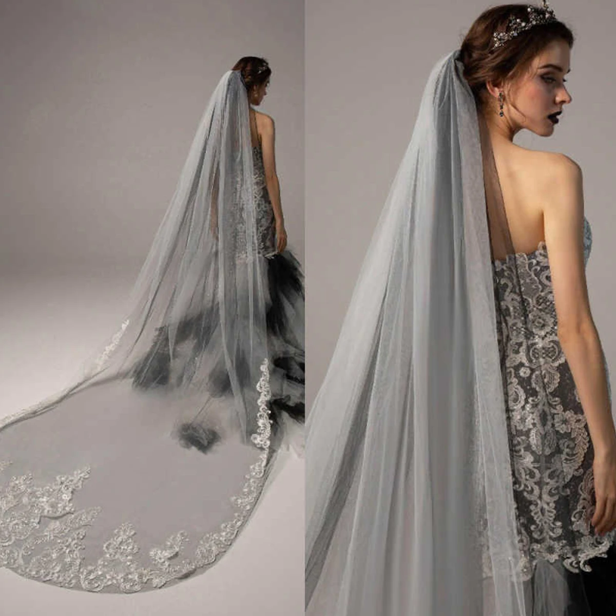 

Роскошная однослойная свадебная фата с расческой, кружевная фата с аппликацией в виде собора, свадебный аксессуар по индивидуальному заказу