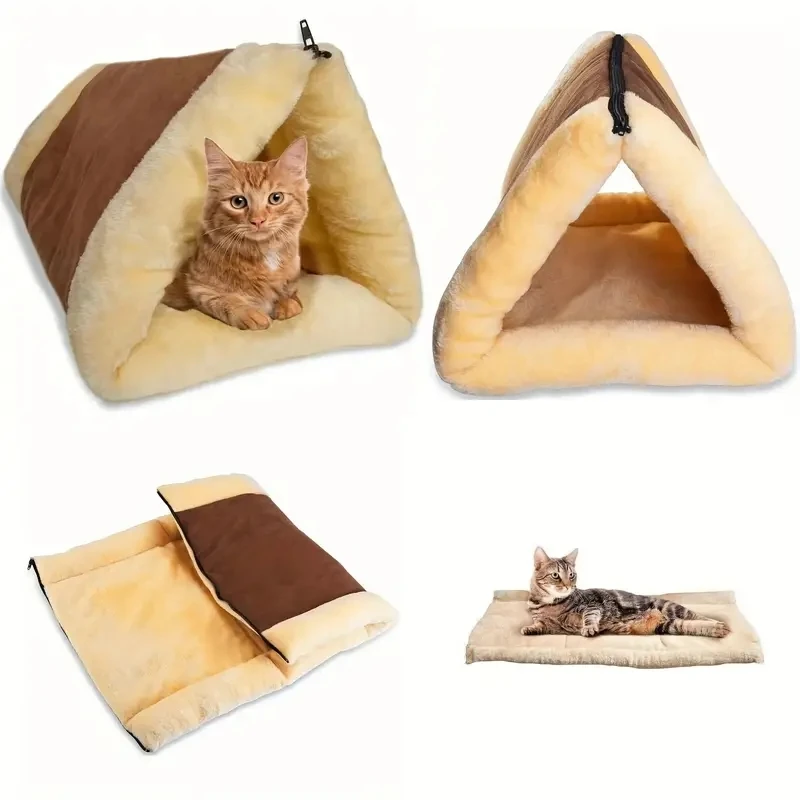 Cat Bed 2-in-1 Fleece Tunnel Tube Cave For Indoor Cats Kitten, Pet Self Warm Covered Mat Pad, Soft Portable Folding Pet Mat
