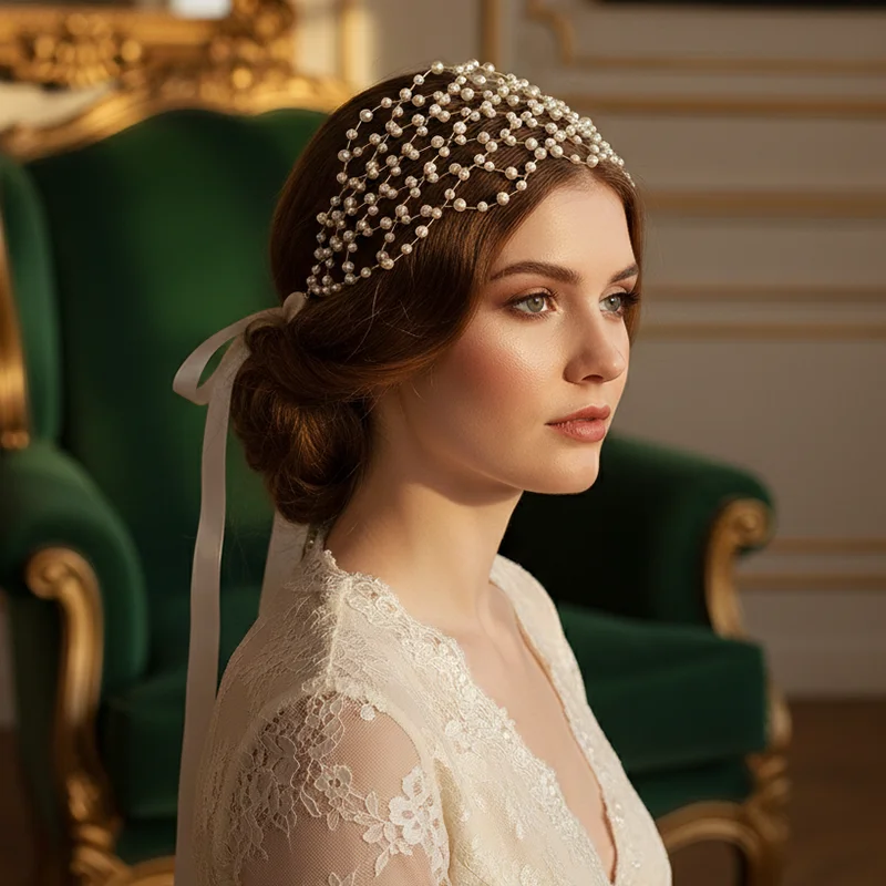 Retro Flapper Headpiece Golden Pearl Hair Net Elegance Hair Band Hair Accessories Festive Women's Tiara Hair Clips Mesh Net