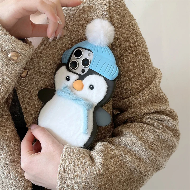 Cute Plush Penguin Phone Case For iPhone 16 Pro 15 14 13 Pro Max Cover Kawaii Cartoon Shockproof Silicone Cases For 15Pro Funda