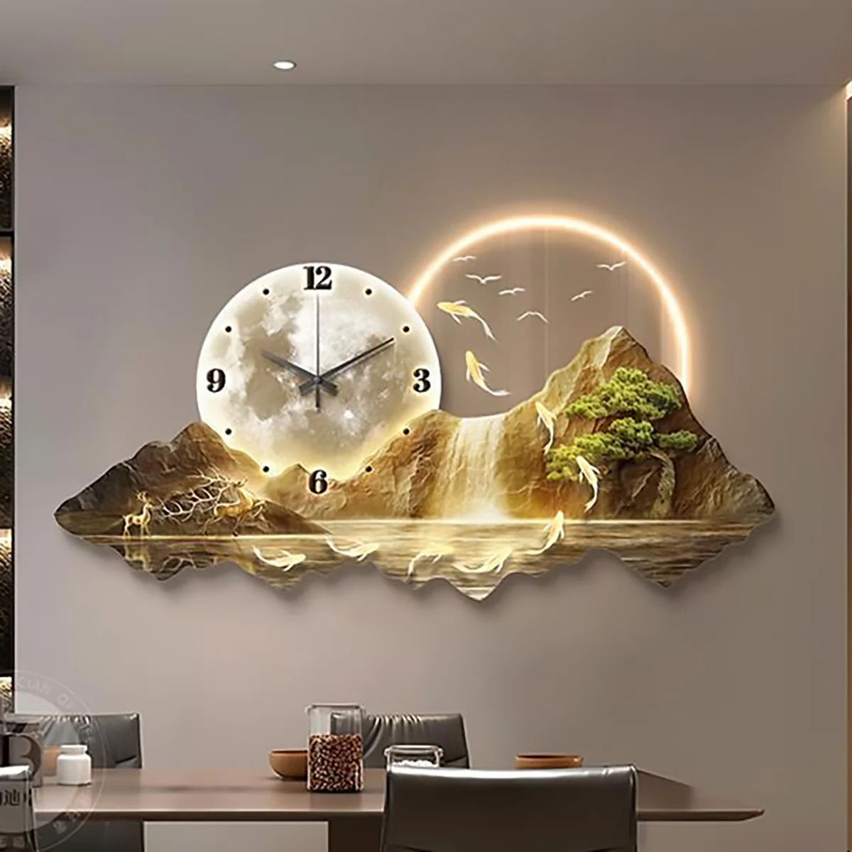 Mountain Wall Clock LED Lighted Wall Art Sunrise Landscape Neon Sign Moon Clock Wall Decor for Living Room Dining Room Home Deco