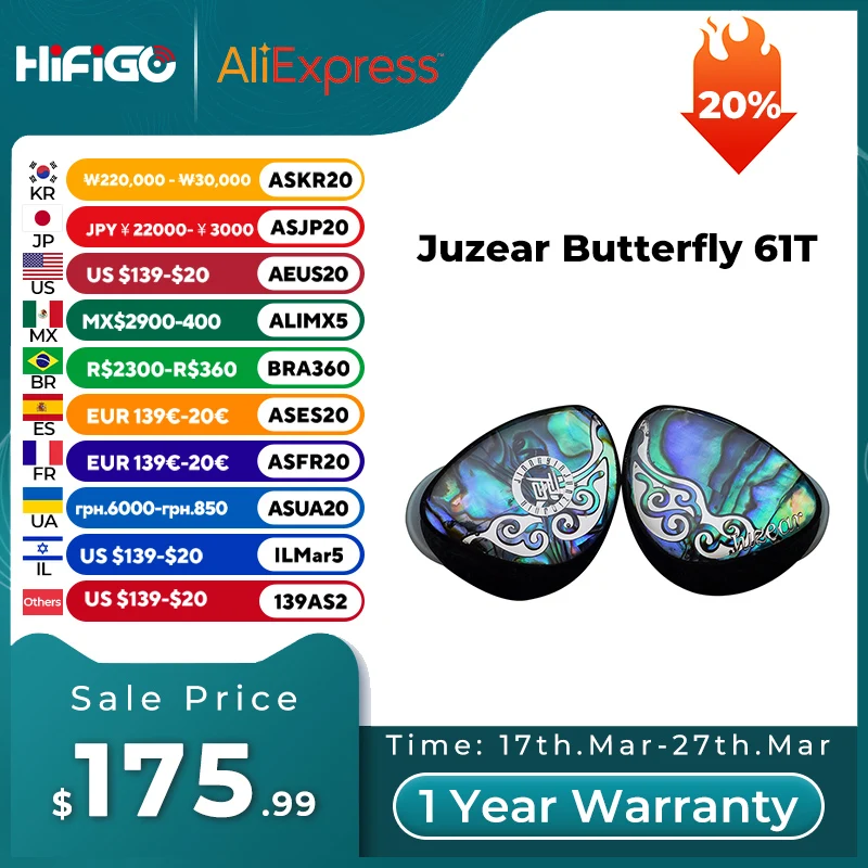 JUZEAR Butterfly 61T 6BA+1DD Hi-Fi In-Ear Monitors Earphones