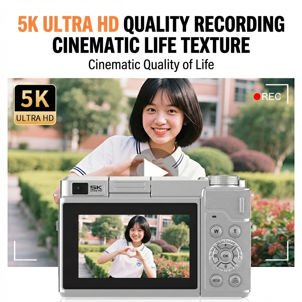 

5K Ultra HD Camera, 80MP Max Photo, 3.0-inch Flip Screen, WiFi APP Control, Support External Mic & Charging While Recording, Fil