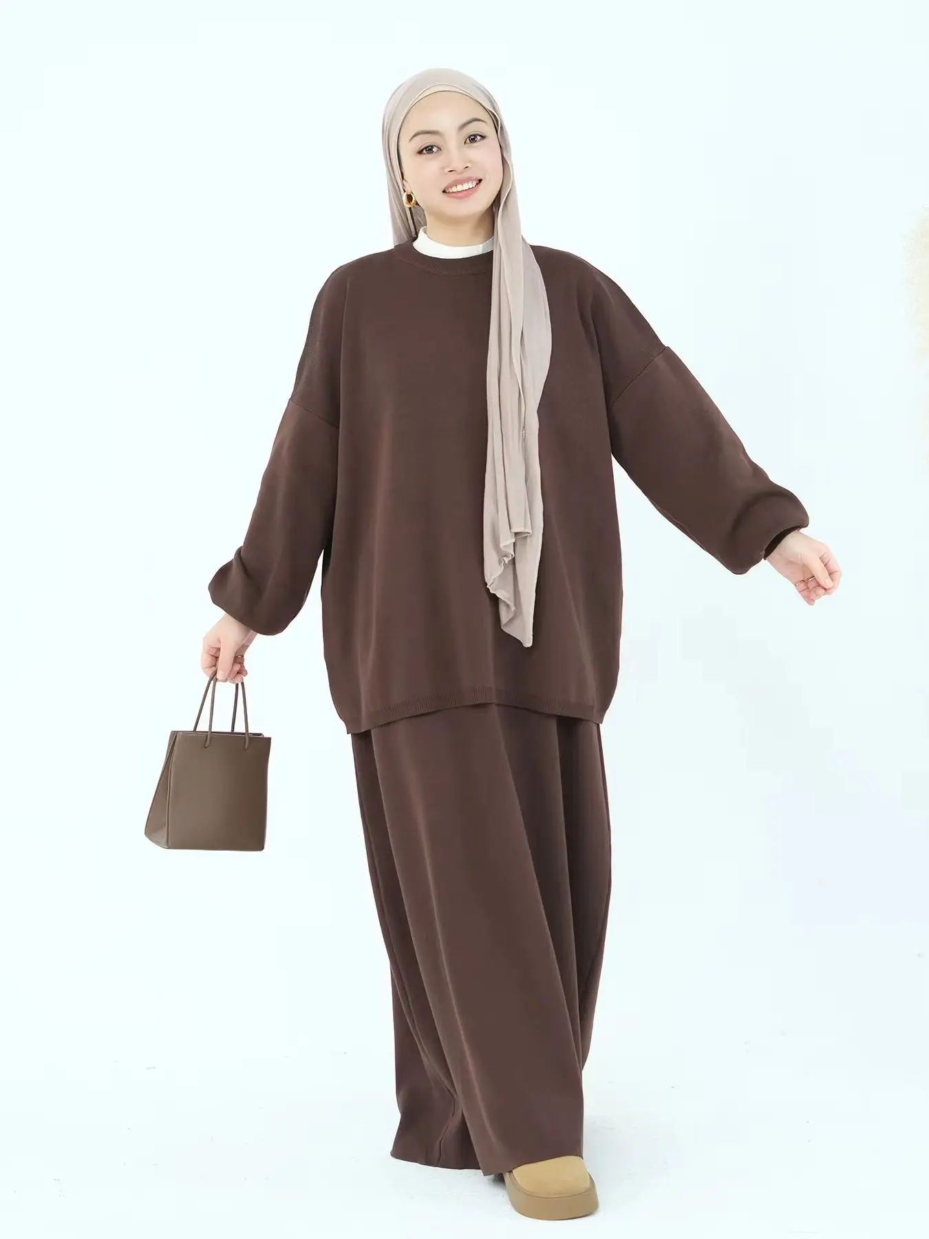 Ramadan Eid Knited Djellaba Muslim sets Dubai Fashion Two pieces sweater + Skirt suits Muslim Robes Islam Robe WY2180