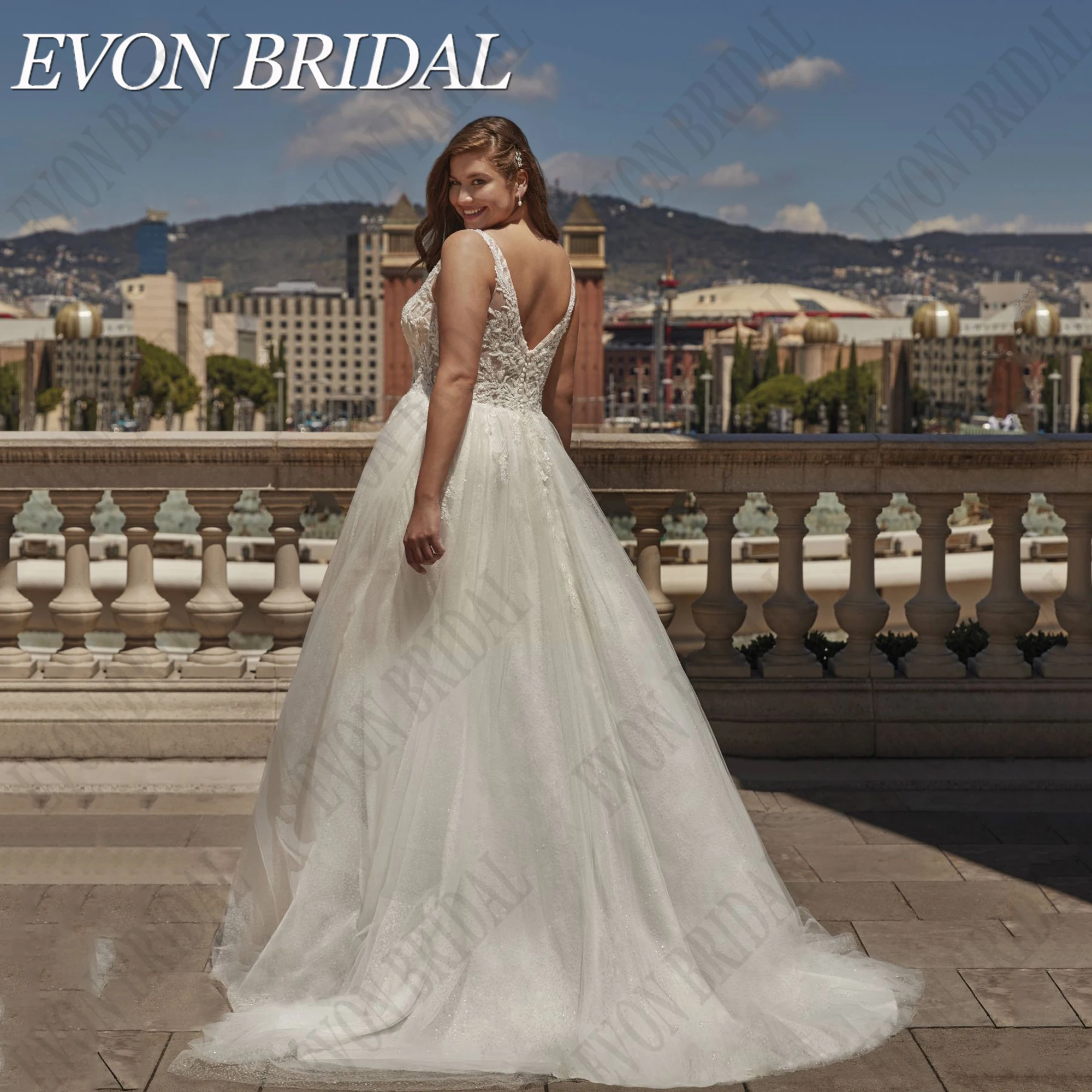 EVON BRIDAL Sparkling Boho Wedding Gowns Plus Size Woman V-Neck Applique Backless A-Line Custom Glitter Tulle Bride Dress 2024