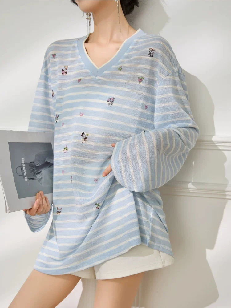 Women V Neck Striped Knit Top Oversized Loose Fit Long Sleeve Casual Pullover Shirt Embroidered Fashion Sweate