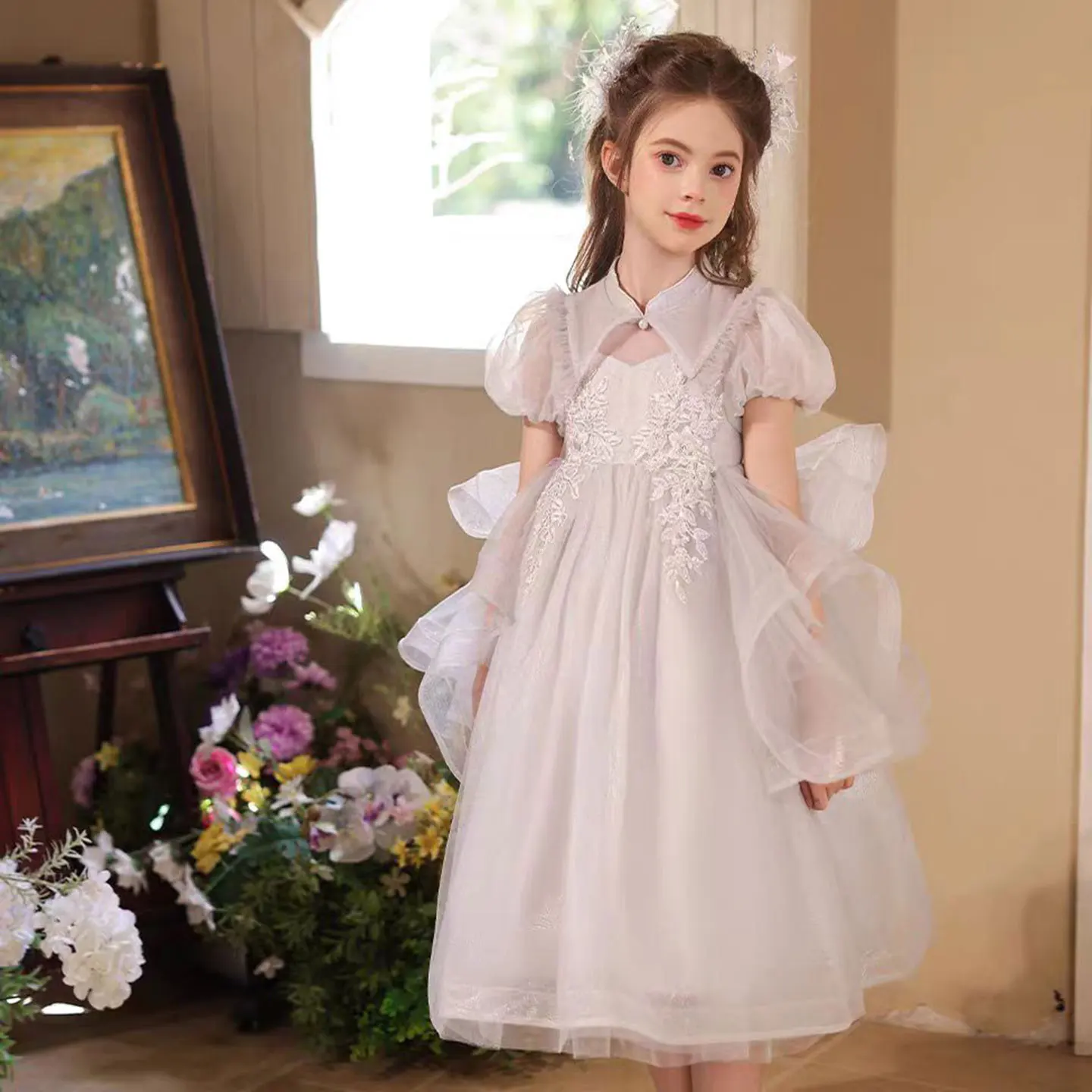 Dreamy Vow J528 Elegant Embroidered Lace Ruffle Tulle Flower Girl Dress With Bow Short Sleeve Wedding Holiday Evening Party Prom