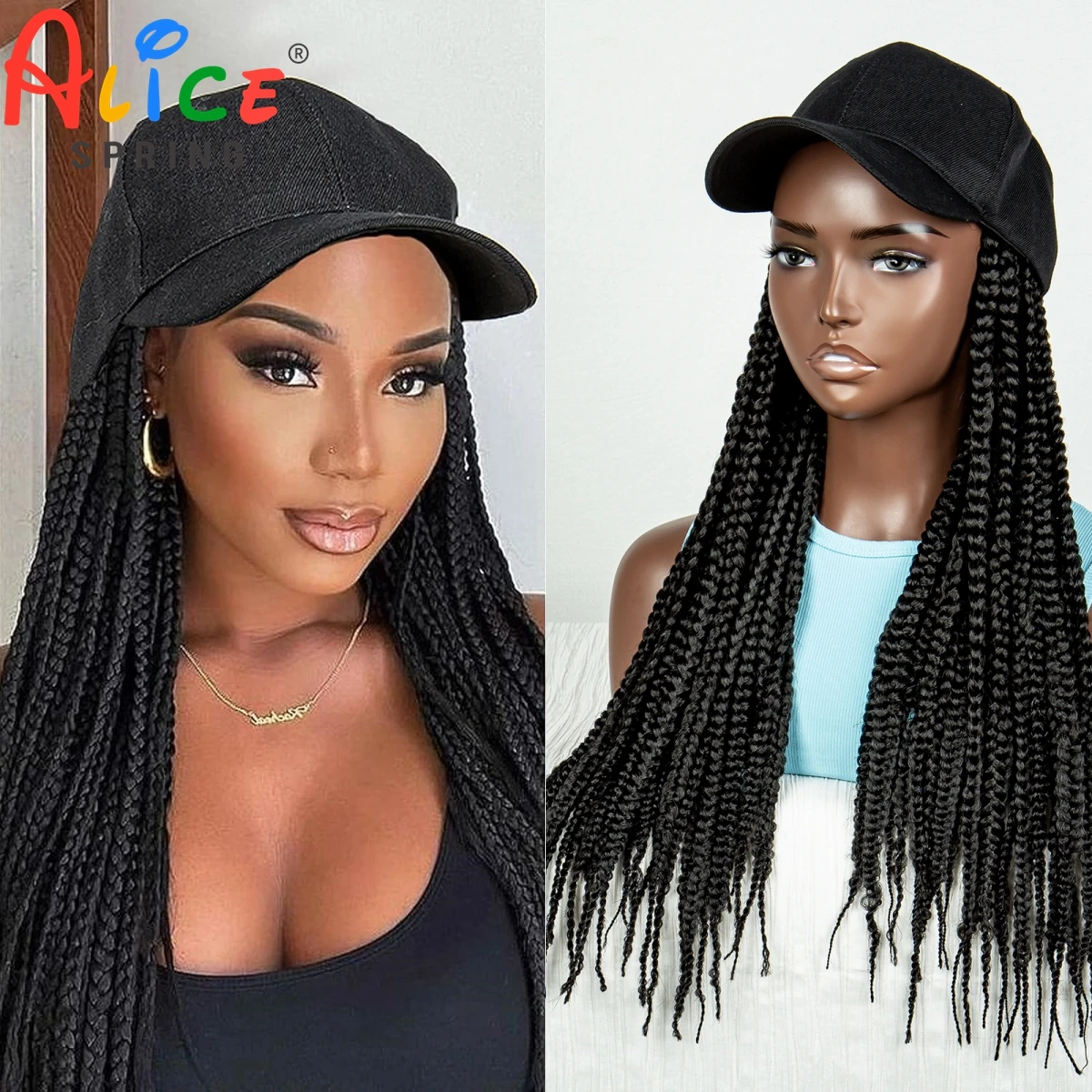 Baseball Hat with Straight Synthetic Braided Hair Extensions Connect Adjustable Braided Hat Wig with Knotless Braiding Hair