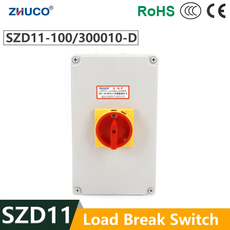 ZHUCO SZD11-100/300010-D 100A Pad Lock 3 Poles 3P Rotary Cam Isolator On-Off  Load Break Switch With Waterproof Box