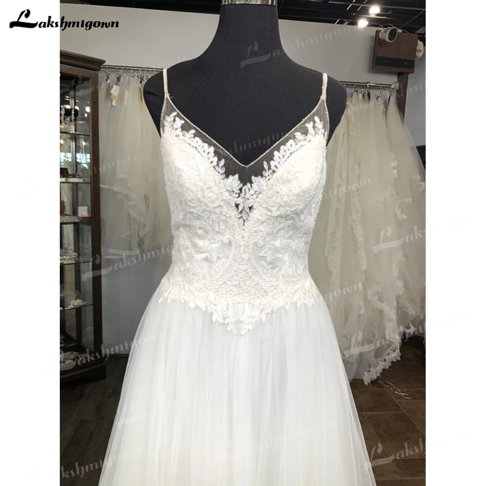 Tule elegante a linha vestido de casamento cintas de espaguete com decote em v vestido de noiva apliques de renda até o chão feito sob encomenda vestido de noiva