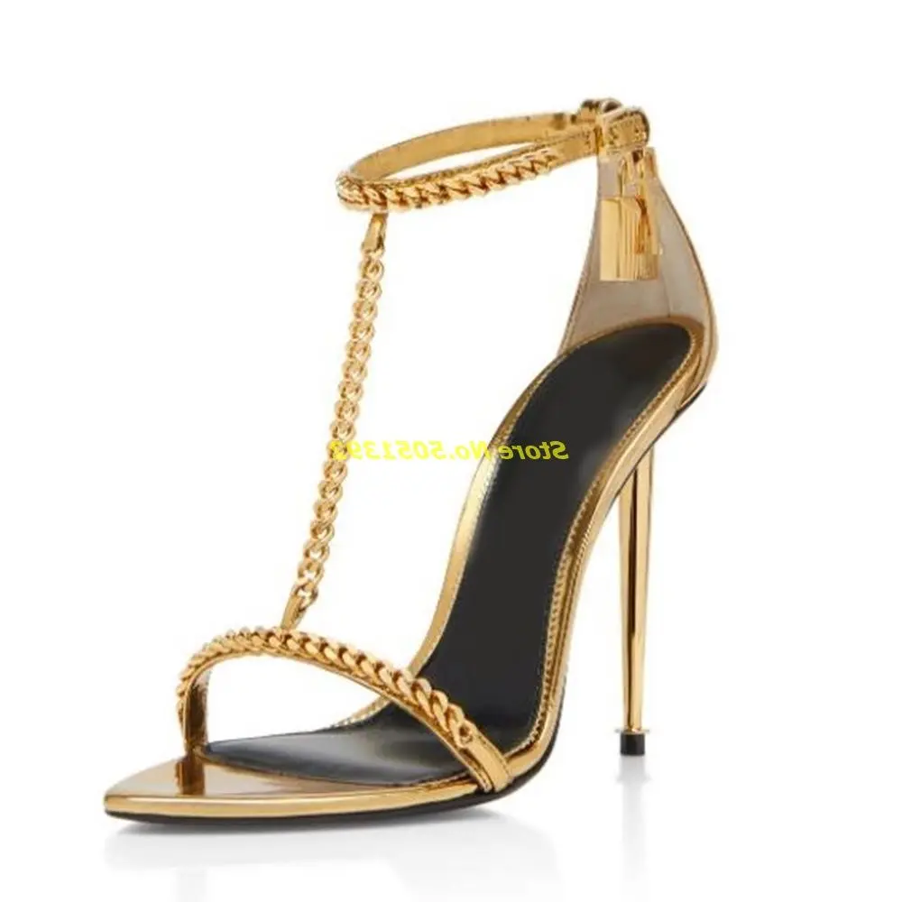 

Mirror Leather Padlock Sandals Pointy Toe Stiletto Thin High Heel Metal Chain Fashion Runway Women Shoes Gold Black Summer Shoes