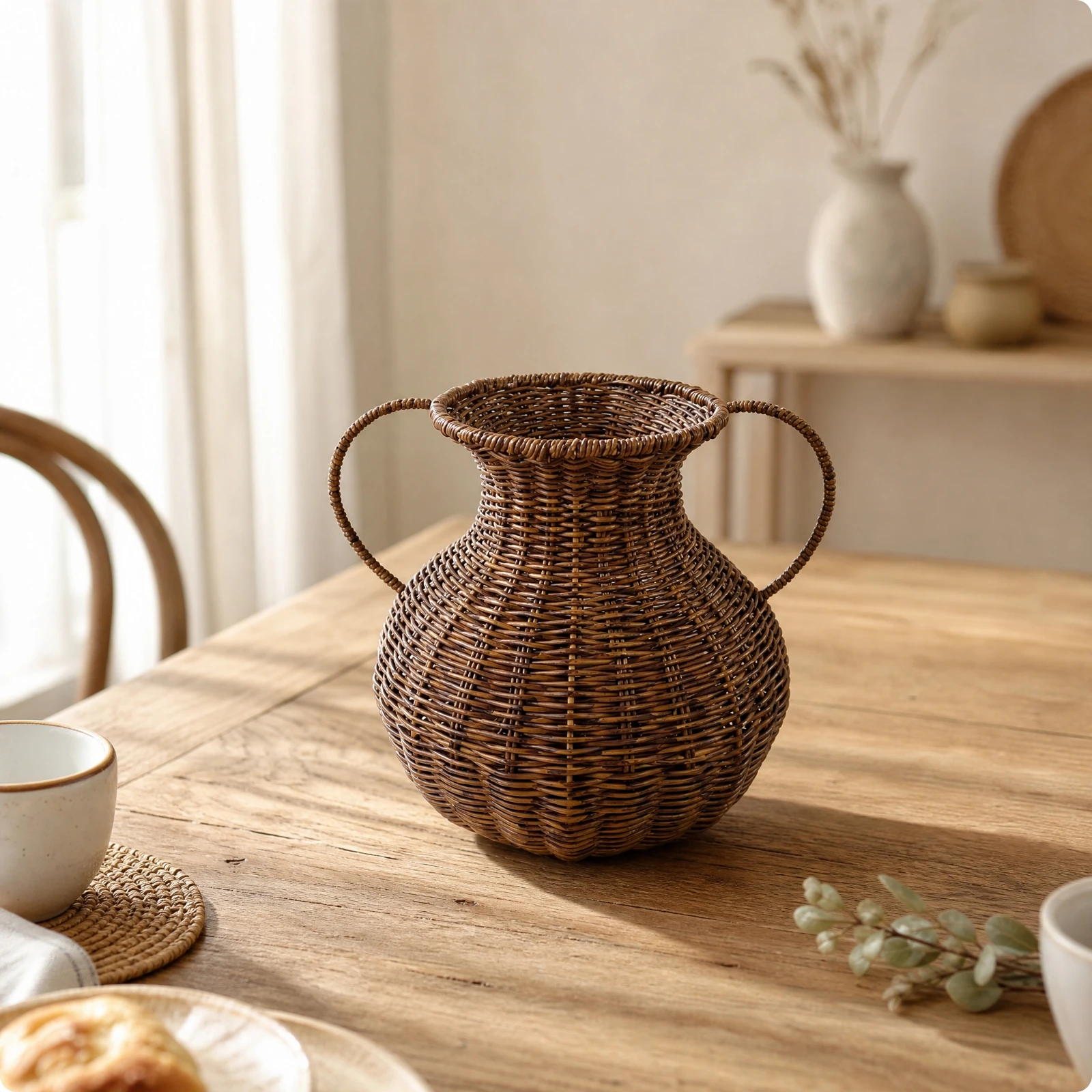 Bulbous Decorative Vase with Handles Handwoven Wicker-Style Flower Vase Narrow Neck for Indoor Home Decor Tabletop Display