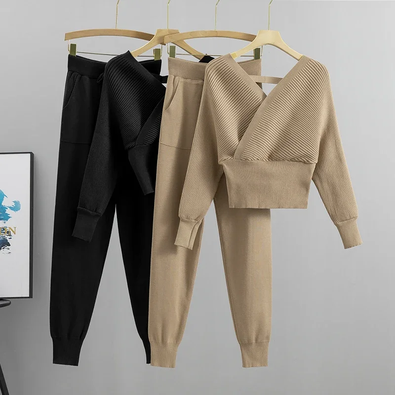 Elegant trainingspak sexy tweedelige set dames Koreaanse stijl geribbelde gebreide backless top en lange harembroek pak herfstoutfits y2k - afbeelding 2