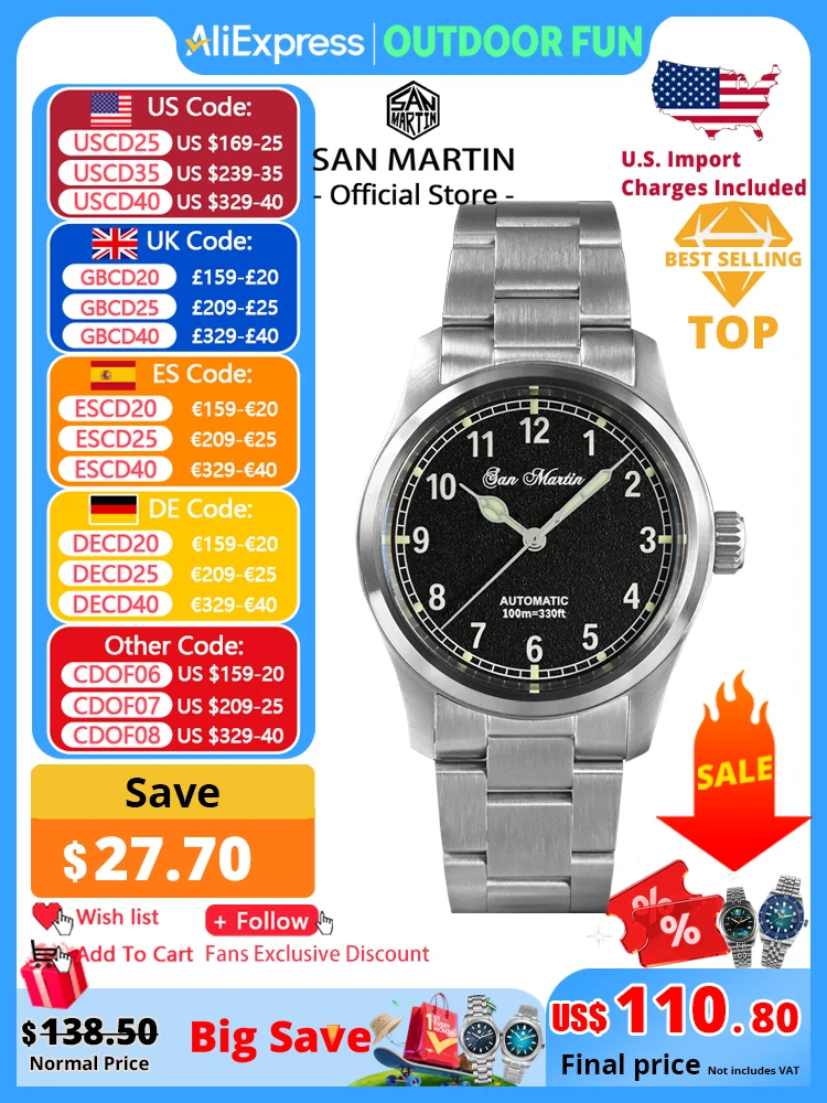 

San Martin Simple Men Watch 37mm Pilot Miyota 8215 Classic Military Explore Automatic Mechanical Watches Waterproof 100m