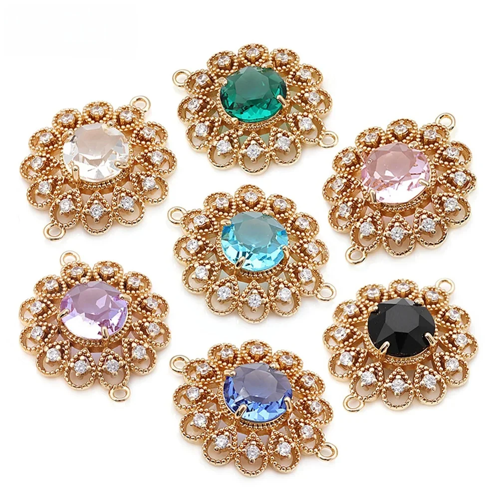 Messing-Zirkon-Anhänger mit 1 oder 2 Löchern, runde Blumen-Verbindungsstücke für Halsketten, Ohrringe und Schmuckzubehör, offizielle Website von Rosediy
