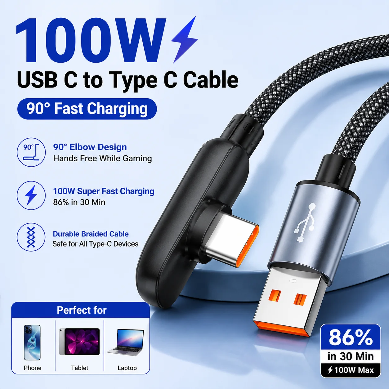 100W USB-C zu Typ-C Kabel 90 Grad Rechtwinkliges Schnellladekabel PD Typ-C Datenkabel für Samsung S24 Xiaomi Huawei Google
