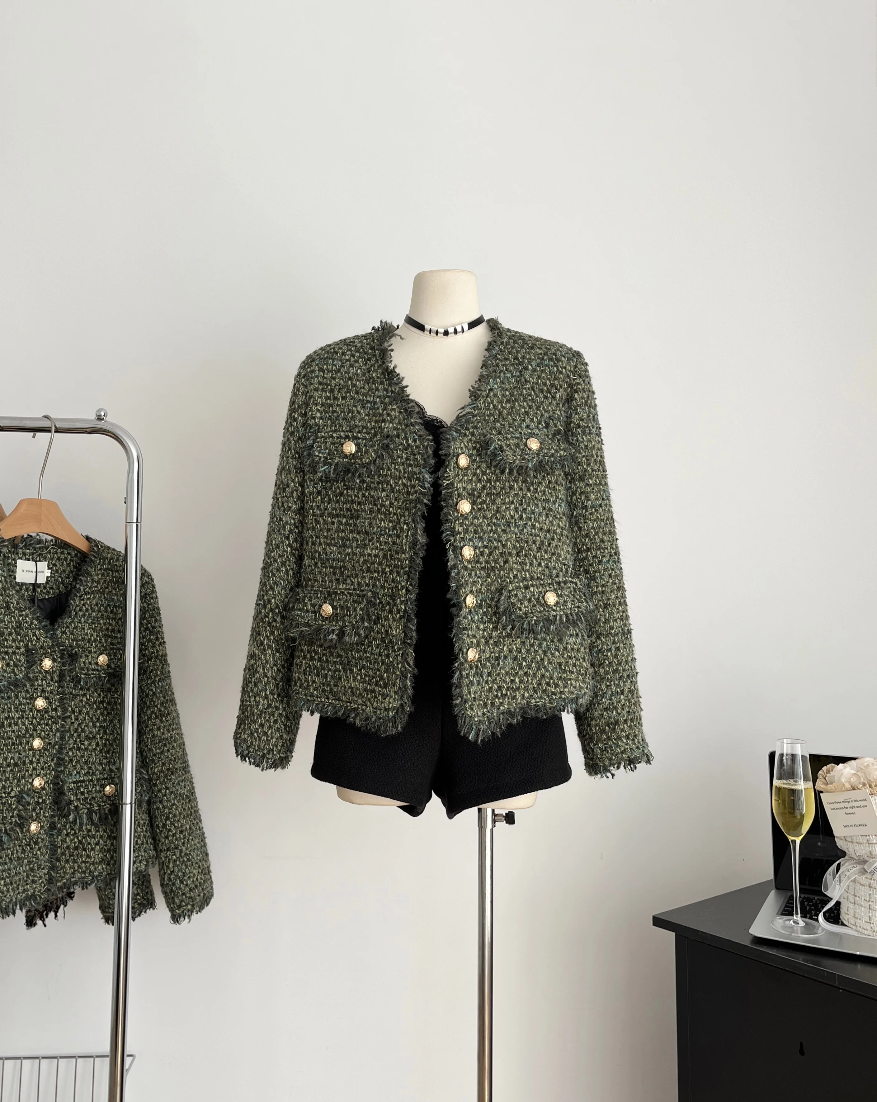 Green Cropped Tweed Jacket Chic Outfits Single Breasted Coat Autumn New Elegant Women Fashion V-neck Coat