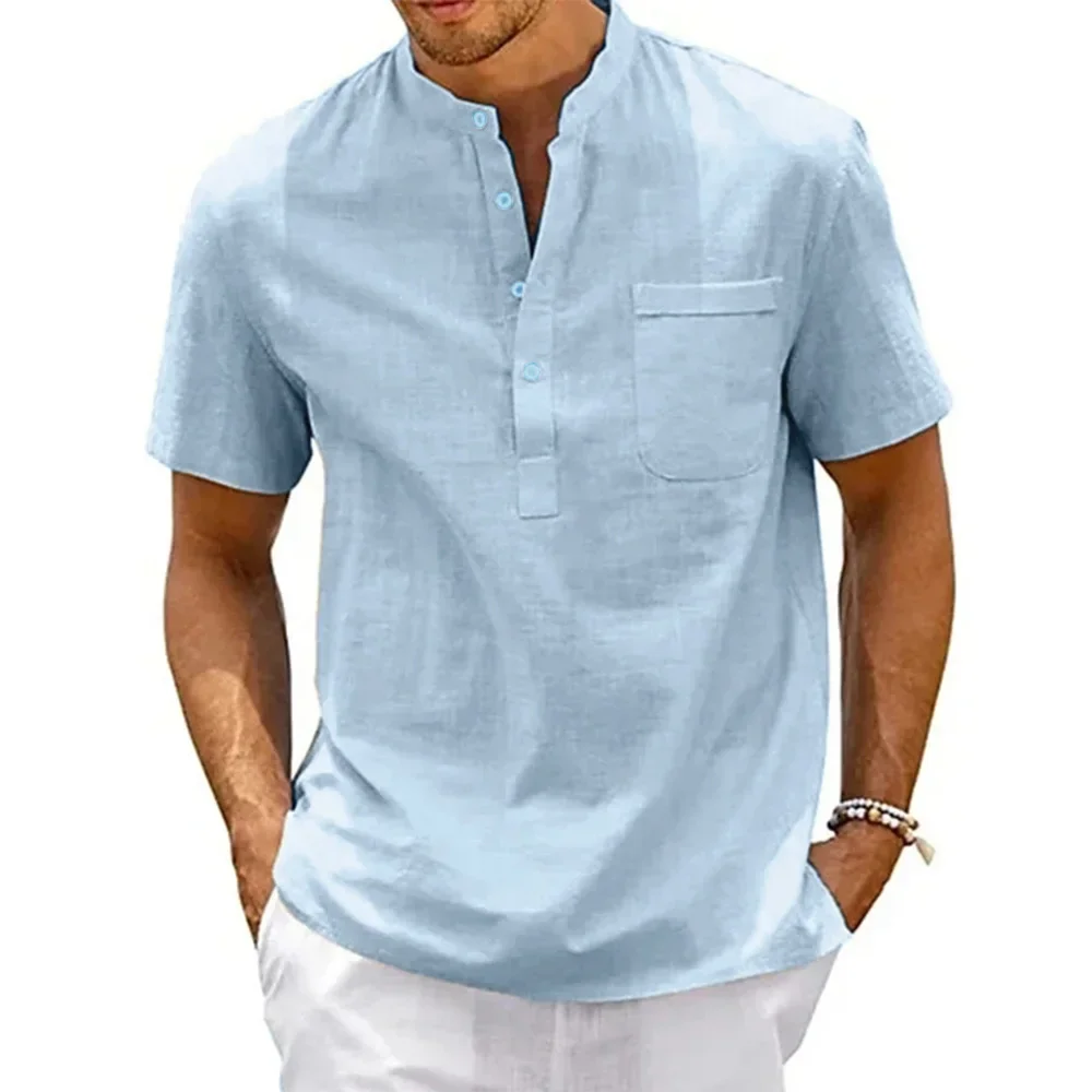 Katoenen Linnen Shirt Mannen Henley Hals Zak Casual Strand Korte Mouw Effen Kleur Mannelijke Tops T-Shirts Vintage Streetwear - afbeelding 2