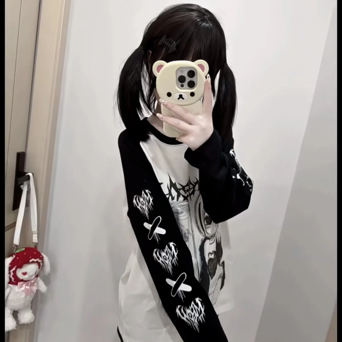Spring Autumn Japanese Yami Kawaii Girly Goth T Shirt Long Sleeve O-Neck Print Loose Top Jirai Kei Subculture Casual Shirt Women