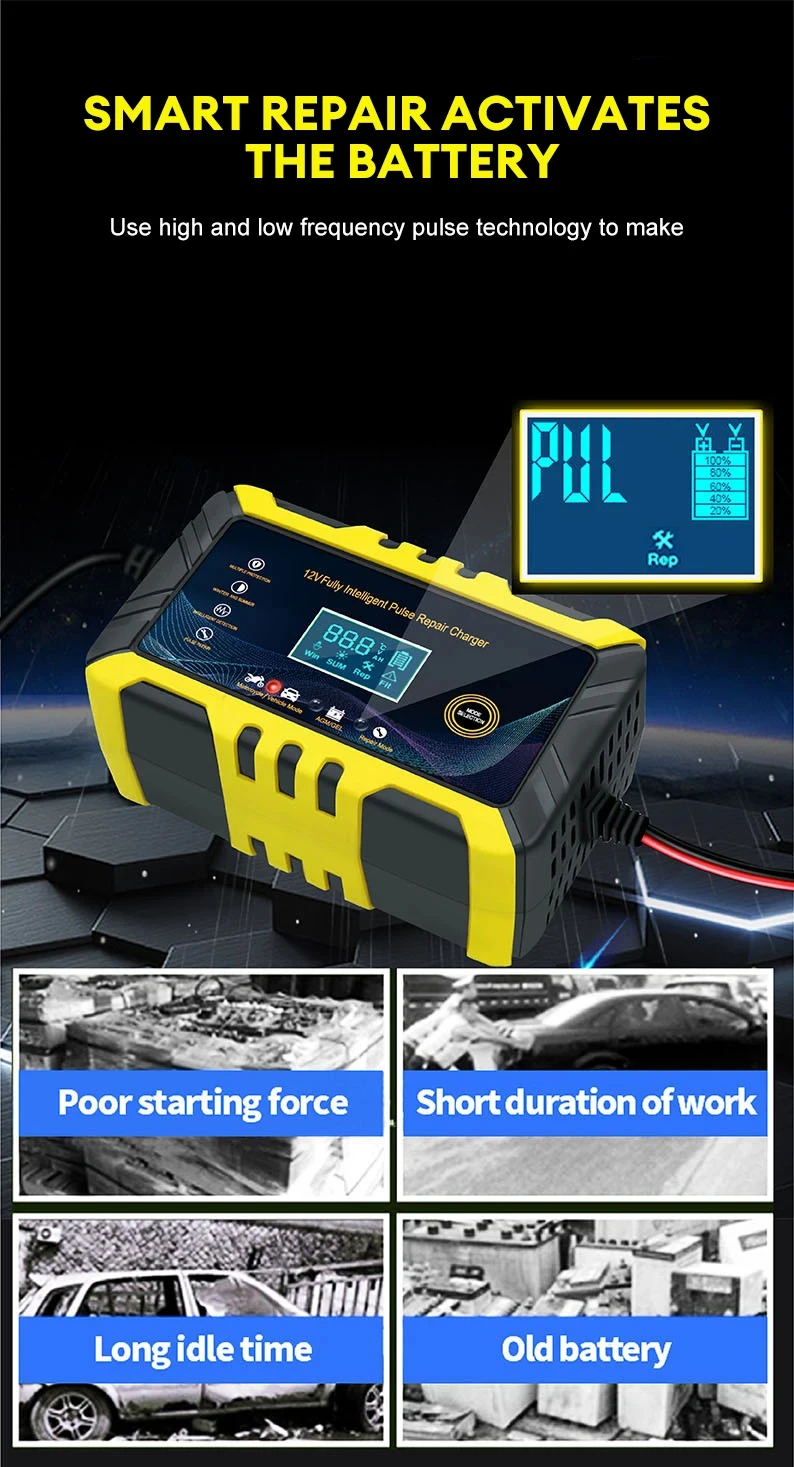 Chargeur de batterie de voiture et de moto, dispositif de charge de batterie, écran LCD, batterie au plomb, réparation intelligente, 12V