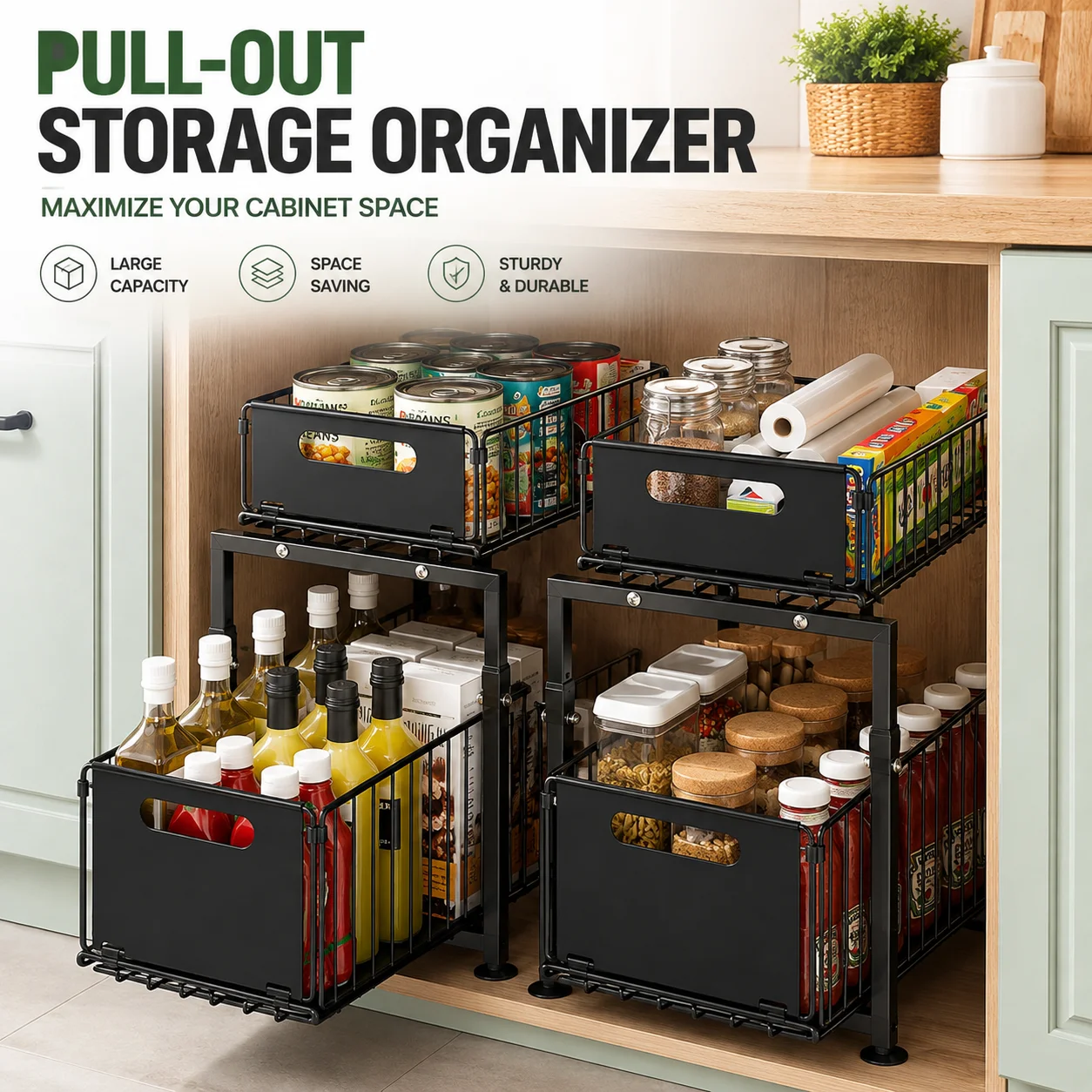 Food Storage Without Pantry - 引き出し式キャビネットオーガナイザー、キッチンキャビネット用スライド式収納バスケット、缶、ボトル、食品、キッチン用品用の省スペースパントリーオーガナイザー