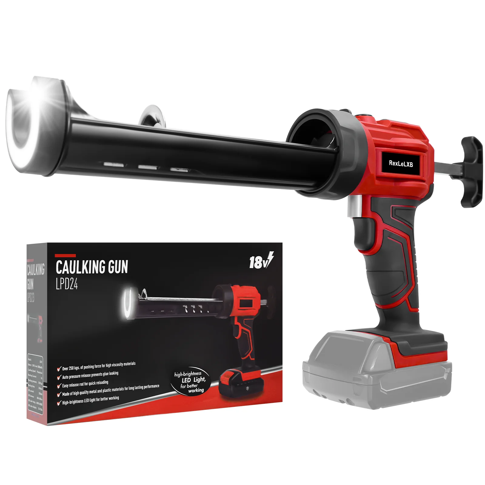 

Cordless Caulking Gun 10oz/300ml Electric Caulk Adhesive Gun 4-Speeds with LED Light for Milwaukee 18V Battery (No Battery)