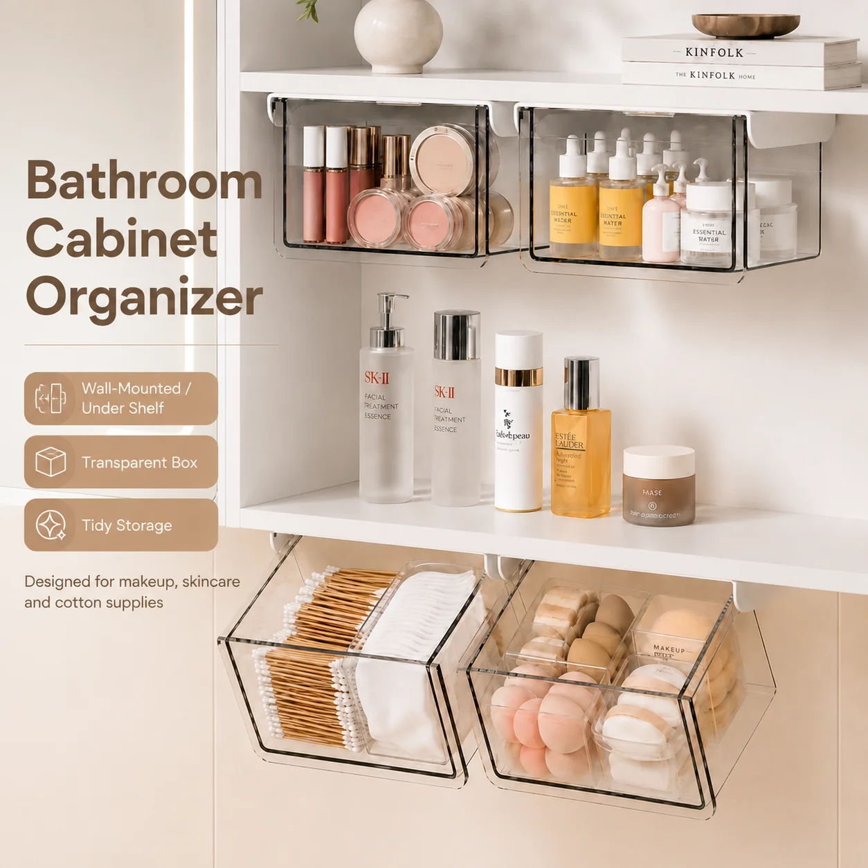 No Drill Transparent PET Wall Mounted Storage Drawer Self Adhesive Dustproof Waterproof Organizer for Bathroom Cabinet