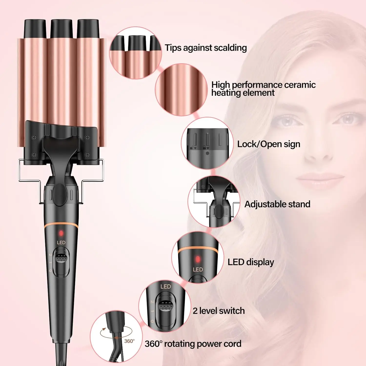 BESTOPE PRO Waver Curling Iron - 3 Barrel Hair Crimper Iron, 5 in 1 Curling Wand Set, Fast Heating Up Hair Wand with 2 Clips, Cr