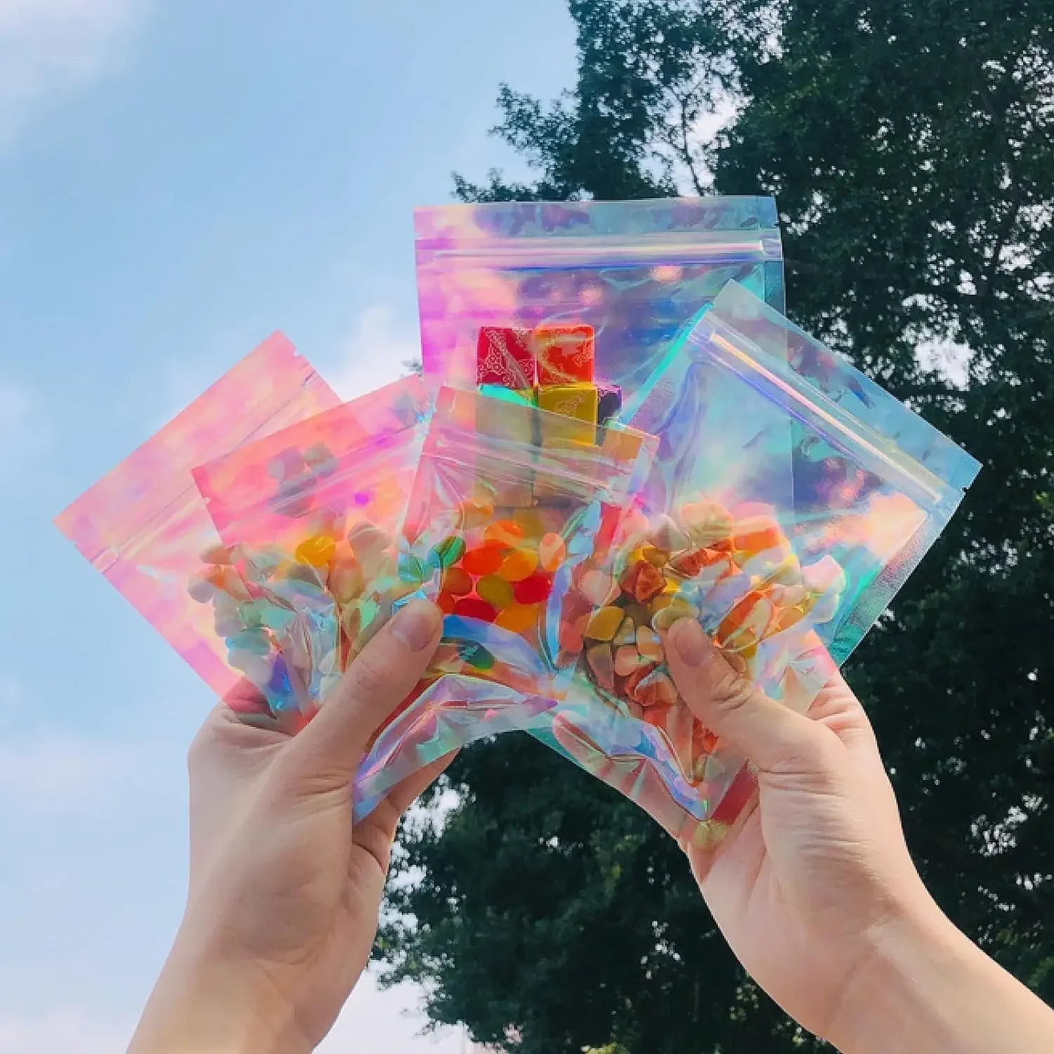 Sac d'emballage à fermeture éclair holographique rose transparent refermable, affichage de bijoux de maquillage de cils alimentaires, fournitures pour petites entreprises, 50 pièces