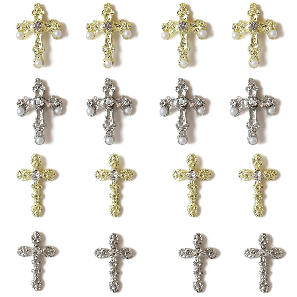 10pcs Alloy Cross Nail Art Charm 3D Gold/Silver Flat-Back Metal Cross With Pearl Diamond Nail Decoration DIY Luxury Nail Jewelry