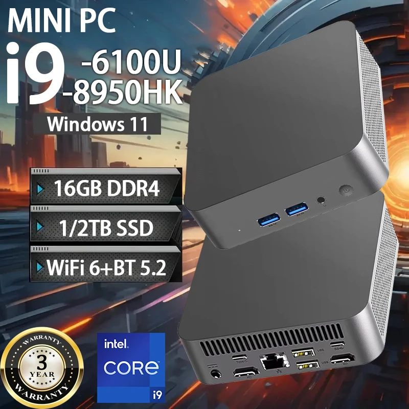 Mini PC Intel Core i9 8950HK con Windows 11 Pro, Computadora Portátil Intel Core i3 6100U, 16GB RAM, 1TB/2TB SSD, para Juegos, Oficina y Estudio