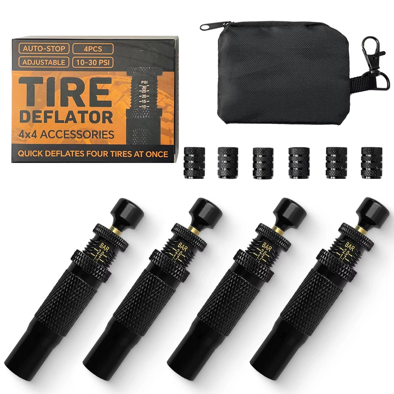 Adjustable Auto-Stop Tire Deflator Valve Kit, 4 PCS Screw-on Tyre Adjust Air Down Tool for Offroad 4x4 with 6 Valve Caps