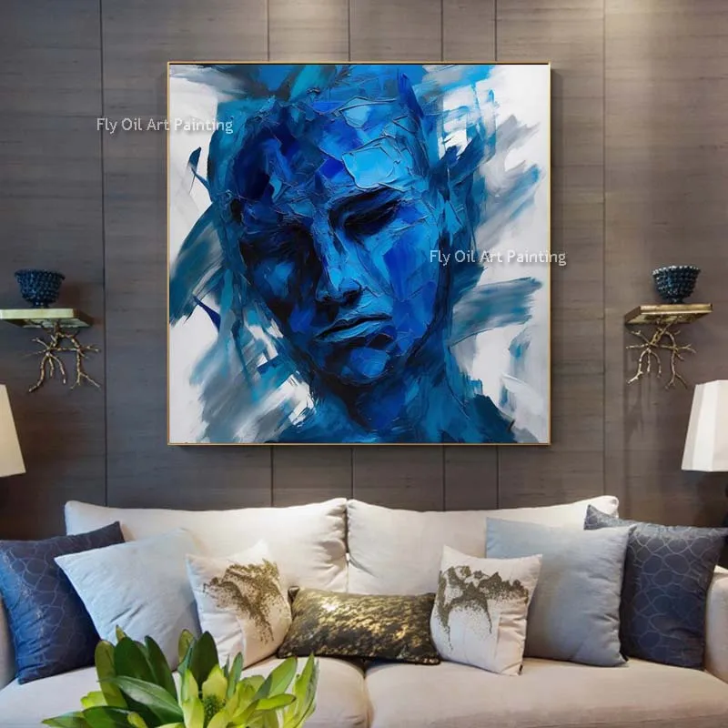 Original Hand-Painted Canvas Oil Painting, Monochrome Blue Man Portrait Art, Contemporary Abstract Human Figure Artwork