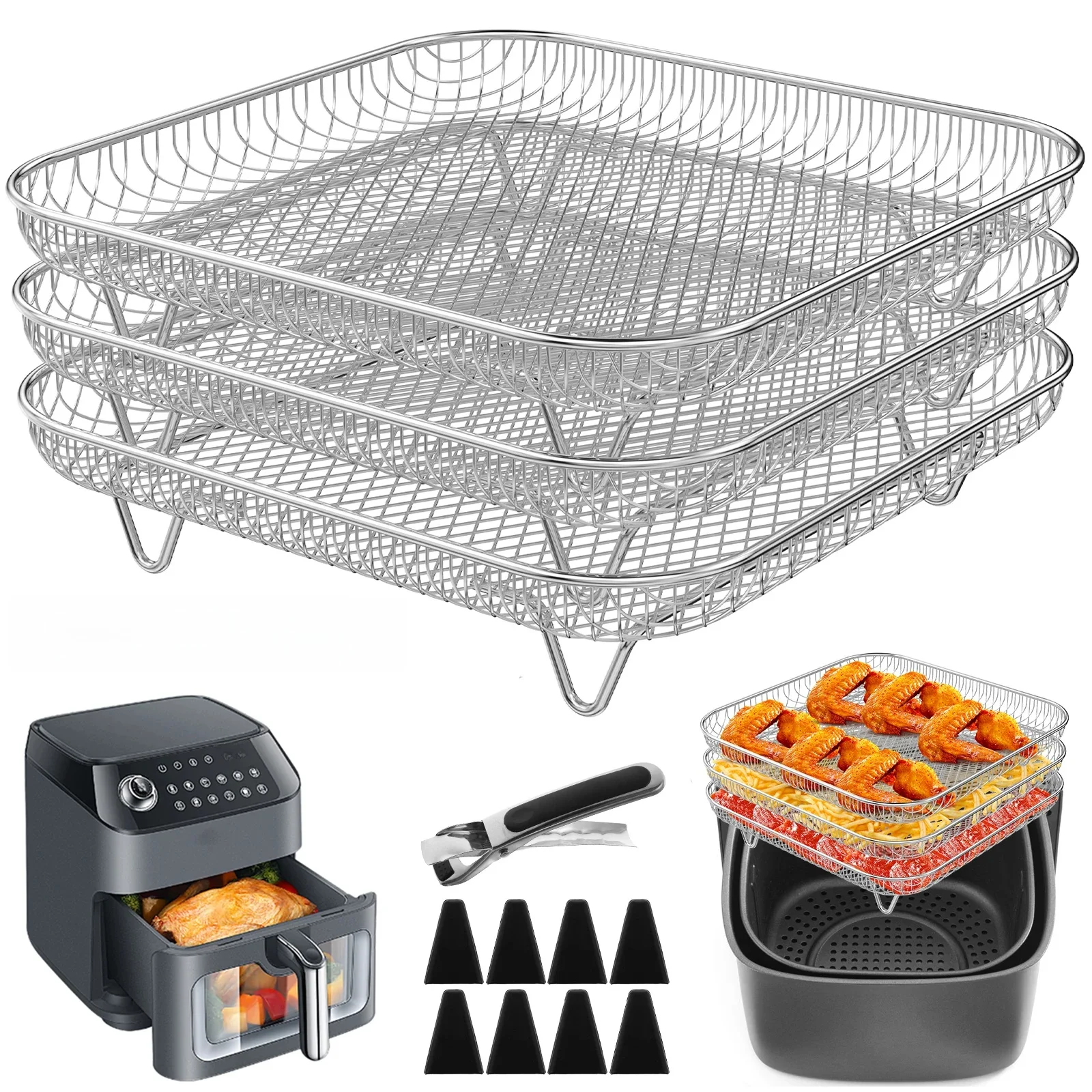 Support de friteuse à Air à 3 couches, support carré pour grillades, en acier inoxydable, four, gril, cuiseur à vapeur, déshydrateur, outils de cuisine
