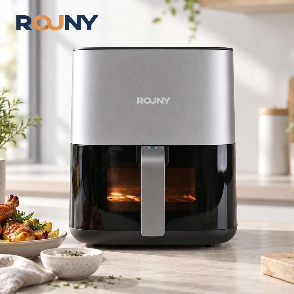 Friggitrice ad aria con funzione di cottura a vapore ROUNY 5L, 1450W, con schermo touchscreen e sistema di circolazione dell'aria calda a doppia ventola, 8 funzioni di cottura preimpostate, cestello