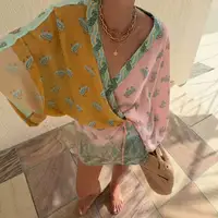 Women's Boho Paisley Color Block Romper Long Sleeve V Neck Tie Waist Beach Vacation Playsuit Shorts - Image 2