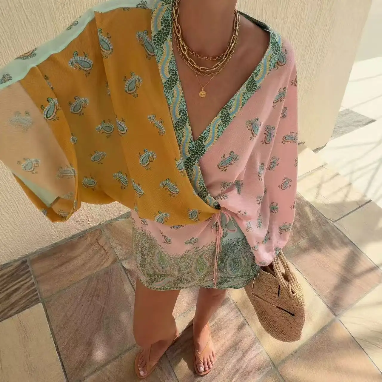 Women's Boho Paisley Color Block Romper Long Sleeve V Neck Tie Waist Beach Vacation Playsuit Shorts