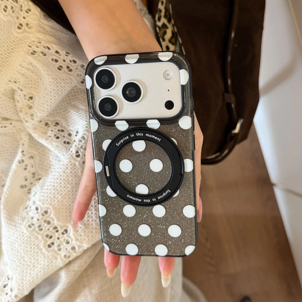 Korea Ins Glitter Dot Black Phone Case for iPhone 18 17 16 Pro 15 16 17 18 Pro Max with Magsafe Stand Anti-drop Protective Cover