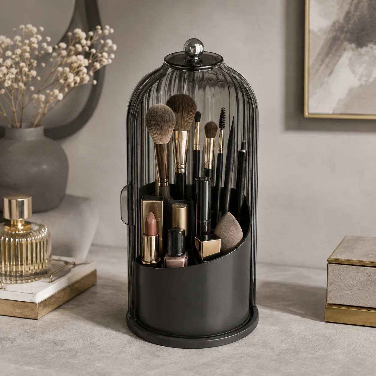 360°Rotating Makeup Brush Holder with 180°Sliding Clear Dustproof Lid,3-Compartment Large Capacity Vanity Countertop Storage Caddy with Gold Knob,Dual-use Organizer for Makeup Brushes,Lipsticks,Eyeliners,Toothbrush,Toothpaste,Bathroom & Dresser Desk,4 Ava