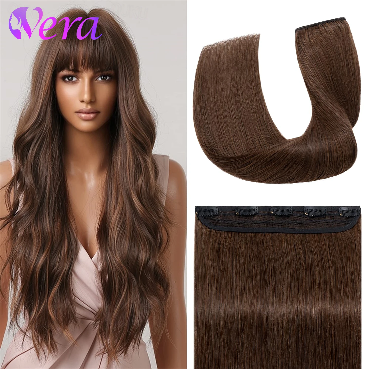 One Piece Clip Ins Human Hair Extensions Straight #4 Medium Brown Clip Ins 100G/Set 5 Clips One-Piece Design Adding Hair Volume