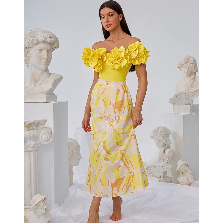 Imagem -02 - Maiô e Saia Feminina Decoração Vintage em 3d Conjunto de Moda Praia Amarelo Moda Praia Luxuosa Fato de Banho 2024