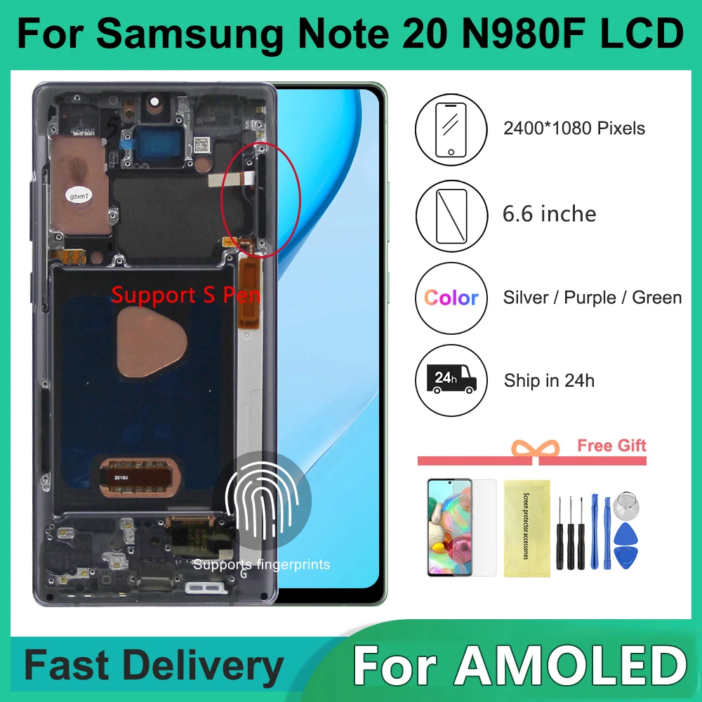 Note 20 AMOLED Screen Replacement For Samsung Note20 N980 N980F SN980F/DS Lcd Display Digital Touch Screen with Frame Assembly