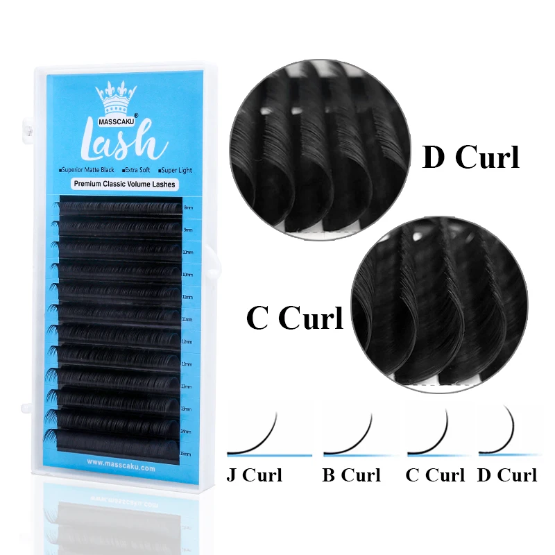 MASSCAKU J B C CC D DD L M Curl Natural Length Classic Regular Lashes Extensions Trays 12 Rows Matte Black Eyelashes Wholesale