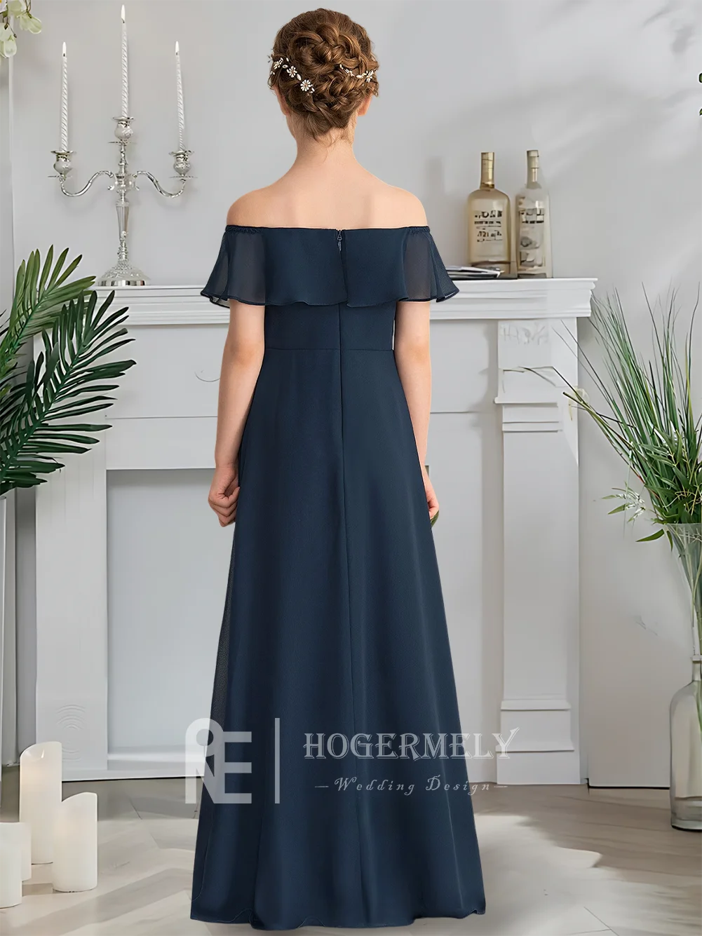Платье подружки невесты с открытыми плечами, темно-синее платье с цветочным узором для девочек, шифоновое платье длиной до пола с каскадными оборками