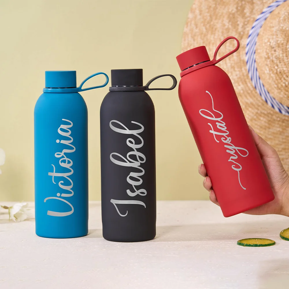 Custom Cursive Name Engraved Stainless Steel Water Bottle Matte Finish Portable Insulated Flask With Handle For Gym Sports .